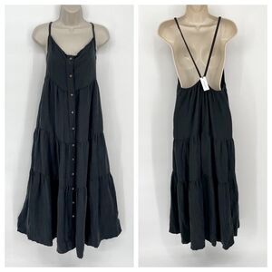 Anemos NEW The Flounce Tiered Button-Down Midi Dress Linen Blend Sz L Black $435